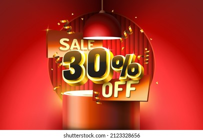 30. Descubre la composición creativa. 3d símbolo de venta con objetos decorativos, confeti dorado, podio y caja de regalo. Cartel y afiche de venta. Ilustración vectorial.