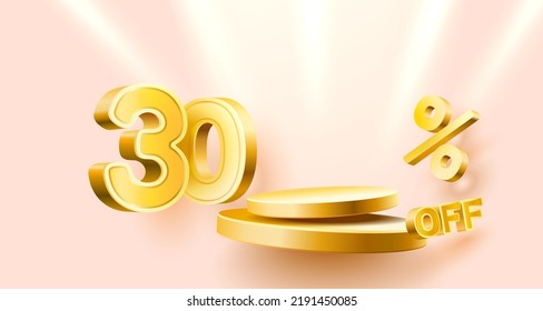 30 Off. Discount creative composition. 3d sale symbol with decorative objects, golden confetti, podium and gift box. Sale banner and poster. Vector illustration.