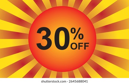 30 % de réduction. Remise sur votre prix. Numéro en couleur noire et arrière-plan composé d'un élément graphique représentant un soleil avec des rayons en rouge et jaune.eps