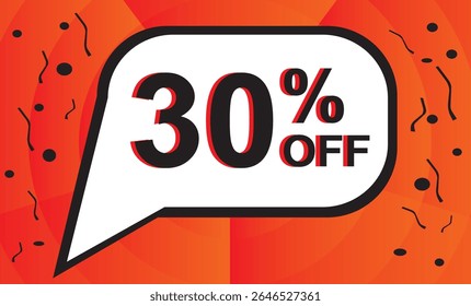 30% de desconto. Desconto no seu preço. Número preto com contorno laranja dentro de um balão branco e fundo laranja composto de elementos gráficos pretos.eps