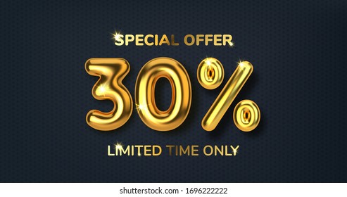 30 off discount promotion sale made of realistic 3d gold balloons. Number in the form of golden balloons. Template for products, advertizing, web banners, leaflets, certificates and postcards. Vector