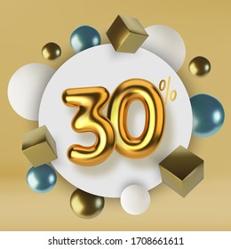 30 off discount promotion sale made of 3d gold text. Number in the form of golden balloons.Realistic spheres and cubes. Abstract background of primitive geometric figures.