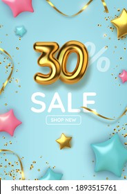 30 off discount promotion sale made of realistic 3d gold balloons with stars, sepantine and tinsel. Number in the form of golden balloons.  Vector illustration