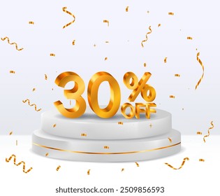 30% off discount sale fund. 3D golden numbers. 30% discount on 3D. with percentage sign. Promotion template design.