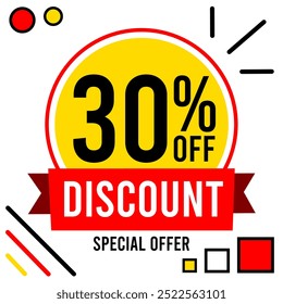 30% off discount 30 % off special offer thirty percent off discount 30%off Promotions with black and white numbers yellow ball circle and red drawings.eps