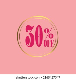 30% off Discount Tag, offer Icon with pink and golden details. 30 percent discount for poster of products on offer, black friday, discount and promotions. Vector illustration.