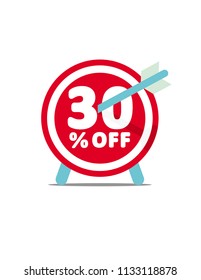 30% OFF. Discount Vector Graphic. Abstract Darts Shield with Arrow. Simple Design. White Background.