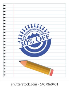 30% Off drawn with pen strokes. Blue ink. Vector Illustration. Detailed.