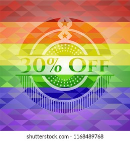 30% Off emblem on mosaic background with the colors of the LGBT flag