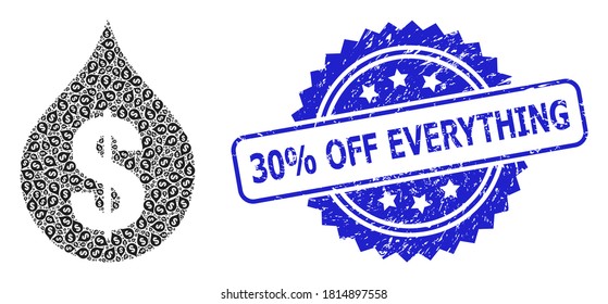 30% Off Everything textured stamp and vector fractal mosaic oil drop price. Blue stamp seal includes 30% Off Everything caption inside rosette.