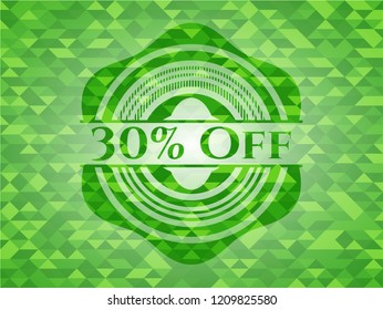 30% Off green emblem with triangle mosaic background
