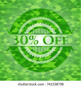 30% Off green emblem with triangle mosaic background