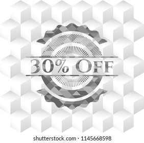 30% Off grey emblem. Retro with geometric cube white background