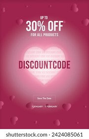 30% off heart poster on pink background. Promotional and shopping banner. Love and Valentine's Day concept pink discount banner design.