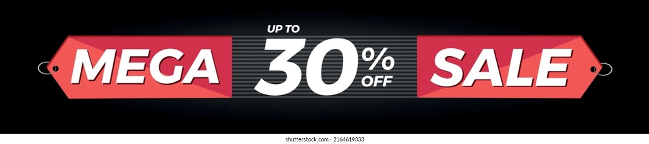 30% de descuento. Banner negro horizontal. Publicidad para Mega Venta. Hasta un 30% de descuento para promociones y ofertas.