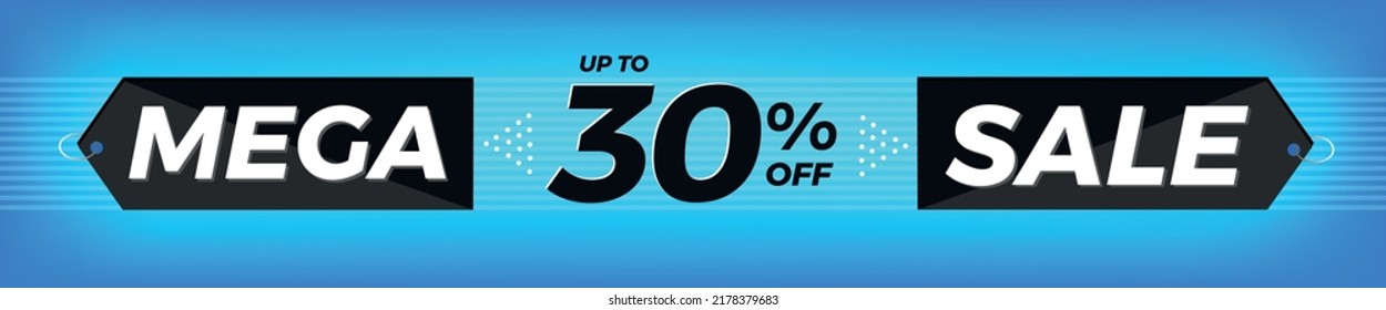 30 % Rabatt. Horizontal blauer Banner. Werbung für Mega Sale. Bis zu 30 Prozent Rabatt für Angebote und Angebote.