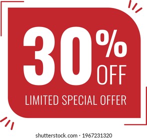 30% off limited special offer. Banner with thirty percent discount on a red square balloon.