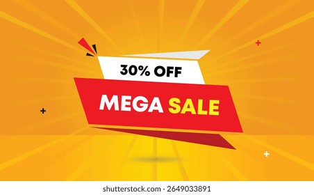 30% off mega sale editable web banner vector art illustration template badge icon design with red dark white gray shapes orange yellow abstract background perfect for promotions and marketing c