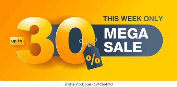 Up to 30% off Mega Sale special offer banner template in yellow an dark gray colors - vector promo limited offers flyer