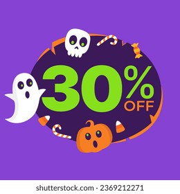 30% off on Halloween. Vector illustration of super offer in purple and orange balloon, plus halloween, ghost, skull, pumpkin and candy icons.