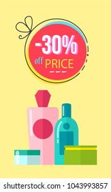 -30% off price poster with make up objects, circle and headline, bottles and containers with essence collection vector illustration isolated on yellow