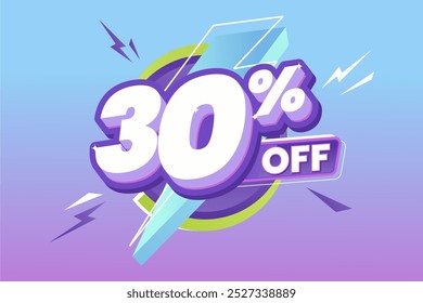 30% Off Promoção com negrito branco e roxo texto 3D, cercado por formas de relâmpago dinâmico, definido em um gradiente vibrante azul para roxo fundo. Perfeito para eventos de venda.