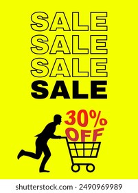 30% off promotion, promotion poster, 30% off vector, yellow and black, man pushing shopping cart,