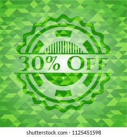 30% Off realistic green emblem. Mosaic background