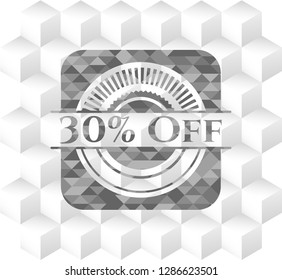 30% Off realistic grey emblem with geometric cube white background