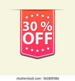 30% Off ribbon label. Red color. Vector illustration.