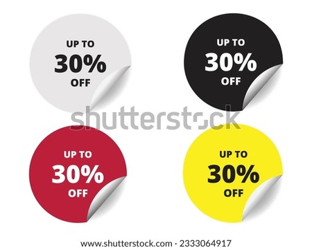 30% off round sticker sign. 30% off circle sticker banner colors set, badge symbol vector illustration