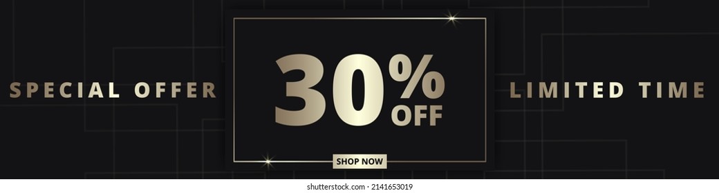 30 off sale banner. Special offer limited time 30 percent off. Sale discount offer. Luxury promotion banner with golden typography thirty percent discount on black background. Vector illustration