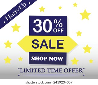 30% off sale blue and yellow glow flat label banner, poster or flyer. Limited time offer.  