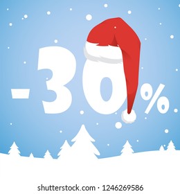 30% off sale. Christmas sale banner and discount design template with Santa Claus hat. Vector illustration.