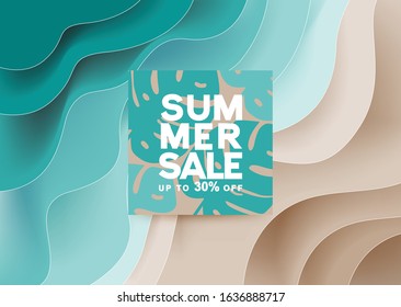 30% Off Sale Discount Banner. Summer Sale Banner With Paper Cut Frame On Blue Sea And Beach Background. Discount Promotion Vector Banner.