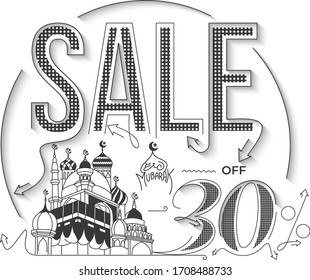 30% OFF Sale Discount Banner. Eid Mubarak celebration- Mosque. Sale banner, scroll,  sticker, badge, price tag, poster. Vector illustration.