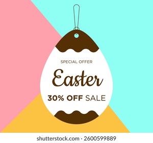 30% off Sale Happy Easter promotion and special offer discount inside the Easter egg. Thirty percent off price tag label. Template for Easter. Vector Illustration.
