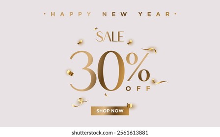 30% off Sale Happy New Year. Thirty percent promotion illustration. Shop now. Winter holiday poster with discount coupon. Gold Vector.