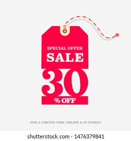 30% OFF SALE Price Tag Illustration. Special Offer Discount up to 30% Badge. Red Label, Clearance Sale Sticker.