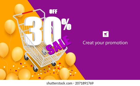 30% de descuento y venta de texto en carrito de la compra y todos los objetos sobre fondo naranja y púrpura y hay globos amarillos por todas partes para publicidad promoción diseño de concepto de venta,vector 3d