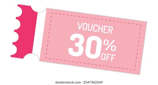 30% OFF Sale Voucher Coupon. Pink gift voucher. Thirty percent promotion voucher. sale 30% discount. Sale Discount Sticker pink Label. Tag label, sale banner with discount coupon. EPS vector