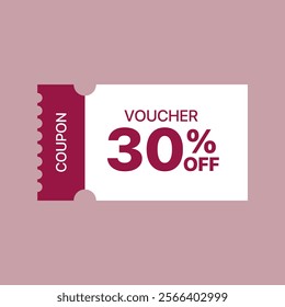 30% off Sale Voucher Coupon. Ten percent promotion illustration. Tag label, sale banner with discount coupon. Pink Vector gift voucher.