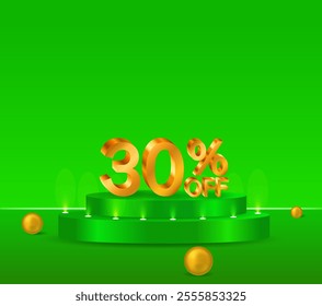 30% off shiny golden text vector in 3D style. podium with green background. golden spheres. marketing project.