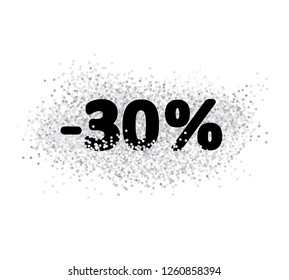 30 % off. Simple Discount Graphic. Sale Vector Illustration. Black Letters with White Confetti. White Background. White Confetti Isolated on White.