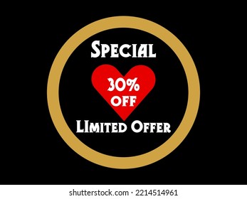 30% off. Special Limited Offer Icon. Banner badge, offer sticker. Special offer sign. Sale. Sticker badge with vector art illustration with golden circle. 