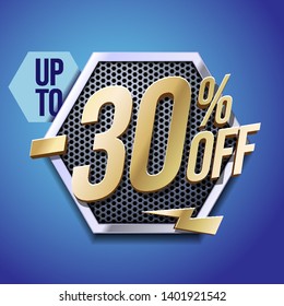 Up To 30% Off Special Offer Gold 3D Digits Banner, Template Thirty Percent. Sale, Discount. Technology. Metal, Gray, Glossy Numbers. Illustration On Blue Background. Ready For Your Design. 