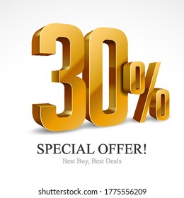 30% Off Special Offer Gold 3D Digits Banner, Design Template Icon Thirty Percent. Sale, Discount. Glossy Vector Numbers. Illustration Isolated On White Background.