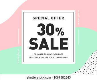 30% OFF Special Offer Sale. Trendy Vector Design Template for Newsletter, Banner, Coupon, Flyer. Series of Pastel Color Sale Discount Promo Stickers. 30% Price OFF Discount Promotion Banner Design.