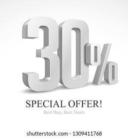 30% Off Special Offer Silver 3D Digits Banner, Template Thirty Percent. Sale, Discount. Grayscale, Metal, Gray, Glossy Numbers. Illustration Isolated On White Background. Ready For Your Design. Vector