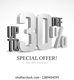 Up To 30% Off Special Offer Silver 3D Digits Banner, Template Thirty Percent. Sale, Discount. Grayscale, Metal, Gray, Glossy Numbers. Illustration Isolated On White Background. Ready For Your Design.